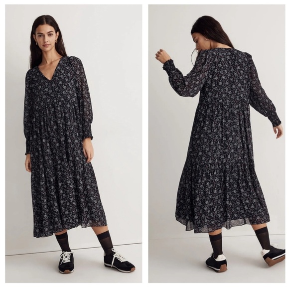 Madewell Dresses & Skirts - Madewell Enchanted Floral Long Sleeve Georgette V-Neck Tiered Midi Dress